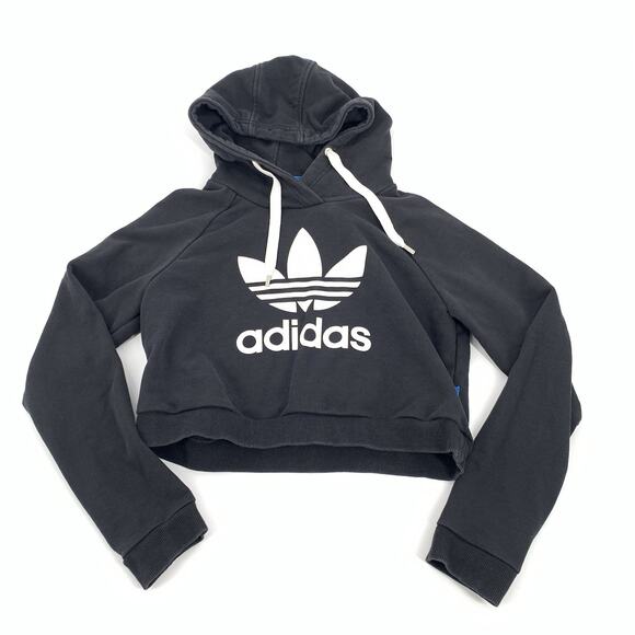 Adidas Originals Cropped Oversized Pullover Sweatshirt Logo Hoodie M Black White - Picture 1 of 8